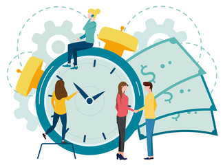 The girl moves the clock to bring the time to close the deal. Time management, control. Vector illustration flat design. Isolated on background. Businessman run along gear in form of clock.