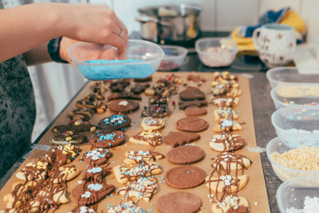 In der Weihnachtsbäckerei werden Plätzchen werden Bunt dekoriert  (Moody)