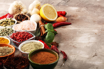 Spices and herbs on table. Food and cuisine ingredients for good cooking
