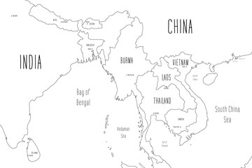 Map of Indochinese Peninsula. Handdrawn doodle style. Vector illustration