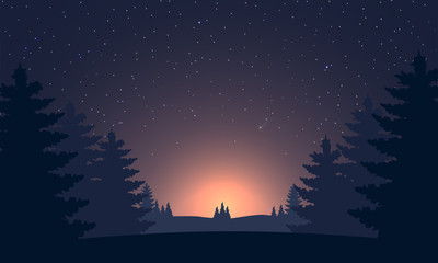 Naklejka premium Night sky landsacape. Forest at night and star on sky.