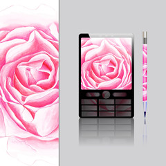 Background design with display project. Bright backdrop for tablet, telephone and computer. Abstract backdrop for presentation with rose. Illustration