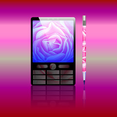 Background design with display project. Bright backdrop for tablet, telephone and computer. Abstract backdrop for presentation with rose. Illustration