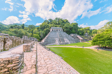 Mayan pyramid. Ancient Mayan ruins in Palenque, Chiapas, Mexico. Mayan ruins in the middle of the...