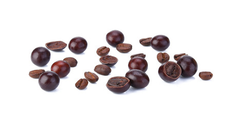 chocolate covered coffee beans on white background
