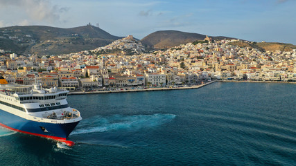 Fototapeta na wymiar Aerial drone photo of picturesque port of Syros or Siros island main town of Ermoupolis, Cyclades, Greece