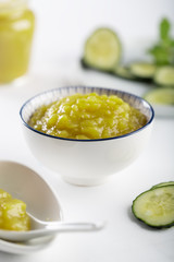A delicious healthy breakfast with homemade cucumber jam and its ingredients