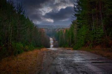 Autumn landscape country road in the middle of the forest against the gloomy sky at sunset.