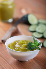 A delicious healthy breakfast with homemade cucumber jam and its ingredients