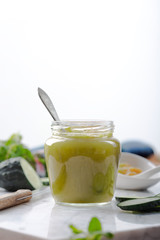 A delicious healthy breakfast with homemade cucumber jam and its ingredients