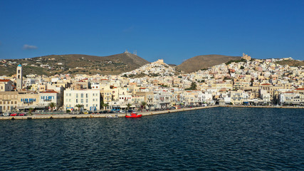 Fototapeta na wymiar Aerial drone photo of picturesque port of Syros or Siros island main town of Ermoupolis, Cyclades, Greece