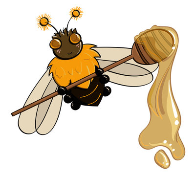 Honeybee holding a honey dipper covered in honey