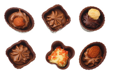 Chocolate pralines isolated on a white background. top view
