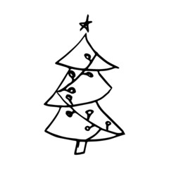 Single hand drawn New Year and Christmas tree. Doodle vector illustration for winter greeting cards, posters, stickers and seasonal design.