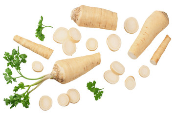 fresh parsley root with slices isolated on white background. top view