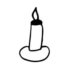 Burning wax candle continuous line drawing, tattoo, print for clothes and logo design, silhouette single line on a white background, isolated vector illustration.