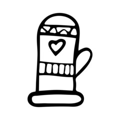 Single hand drawn Christmas warm mitten. Doodle vector illustration for for greeting cards, posters, stickers and seasonal design. Isolated on white background