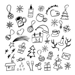 Cute doodle christmas set with garland, lights, toys, balls, lollipop, sweets, gift box and snowflakes. Hand drawn winter vector illustration for seasonal design. 