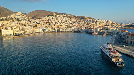 Fototapeta premium Aerial drone photo of picturesque port of Syros or Siros island main town of Ermoupolis, Cyclades, Greece