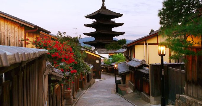 Kyoto, Japan. A morning view of To-ji temple and a row of old japanese shops and houses in Kyoto, Japan