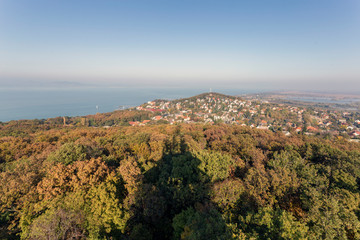 Fototapeta na wymiar View of the foggy Balaton from the lookout tower of Fonyod