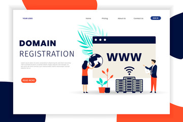 Domain name registration concept landing page template with character 