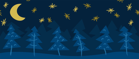 Winter forest trees night stars sky background banner abstract drawing