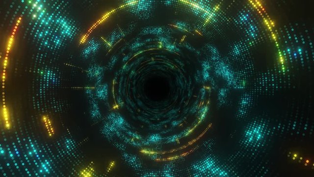 Travel through abstract dotted technology digital tunnel. Circle shape. Glowing looped motion background