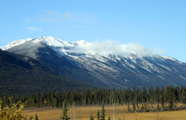 The wonderful train journey from Jasper to Vancouver in British Columbia, Canada in Autumn.  With train, trees, foliage and snow capped mountains