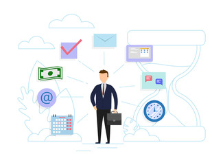 Time management, control concept. Businessman near huge sandclock with business icons. Flat style. Vector illustration.