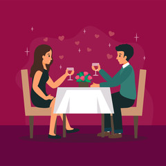 Man and woman are in the restaurant on the romantic date. Couple in love. People sitting at the table with a glass of wine. Romance relationship.