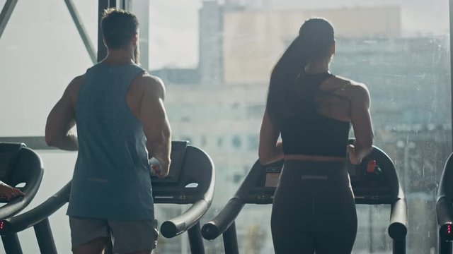 Group of Athletic People Running on Treadmills, Doing Fitness Exercise. Muscular Athletes Actively Training in the Modern Gym. Sports People Workout in Luxury Fitness Club. Back View Slow Motion