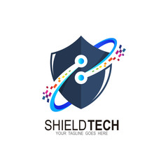 Fototapeta premium Shield logo with technology design illustration, Pixel icon