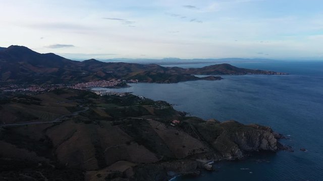 Aerial drone view of the mediterranean sea Pyr&eacute;n&eacute;es-Orientales Collioure Banyuls-sur-mer sunset French Spanish border