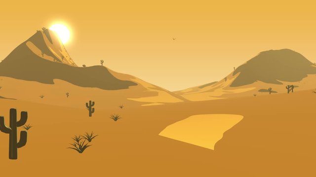 A 2d vector styled 3d animation of a hot desolate desert landscape in 4K