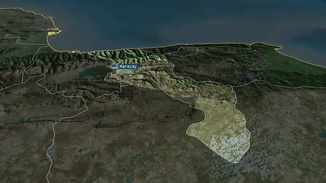 Aragua - state of Venezuela with its capital zoomed on the satellite map of the globe. Animation 3D