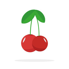 Cherry sweet ripe red berry fresh fruit natural with a green leafs vector illustration on white background