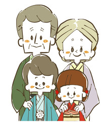 着物の家族-祖父母と孫