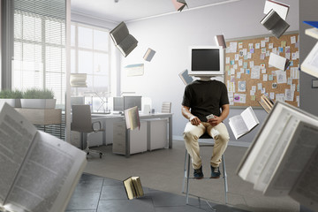 Monitor headed businessman. Mixed media