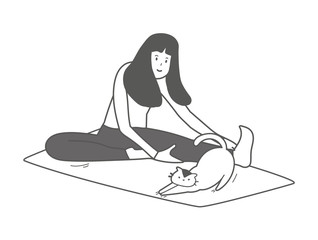 Cute fitness cat with girl do exercises, sport woman and kitty, do yoga poses for beginners on the yoga mat, great stretching for the health