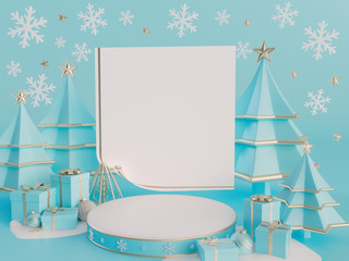 Christmas gift Background Xmas design modern with cute gifts boxes white snowflake and gold decoration, greeting cards, website, 3D Rendering