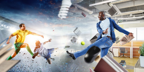 Soccer man in action with ball. Mixed media