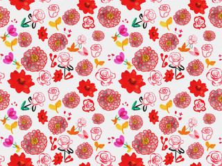 seamless floral pattern tile with vivid hand painted flowers with gouache and watercolor texture for textile, fabric, backgrounds, wallpaper, backdrops, wrapping and festive surface design templates.