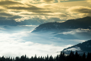 Sunset over the mountains, winter landscape