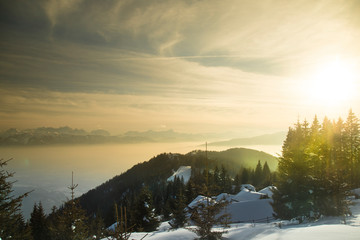Sunset over the mountains, winter landscape