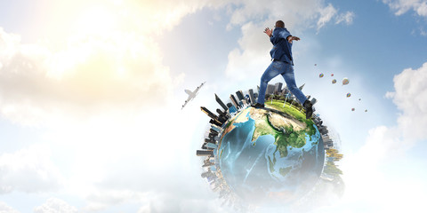 Businessman jumping in gravity. Mixed media