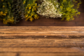 Fototapeta premium Natural remedy, mortar and herbs, space for your text