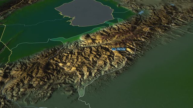 M&eacute;rida - state of Venezuela with its capital zoomed on the physical map of the globe. Animation 3D