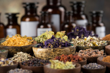 Natural remedy, healing herbs background