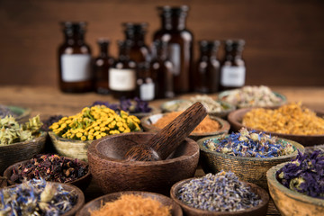 Natural remedy, healing herbs background